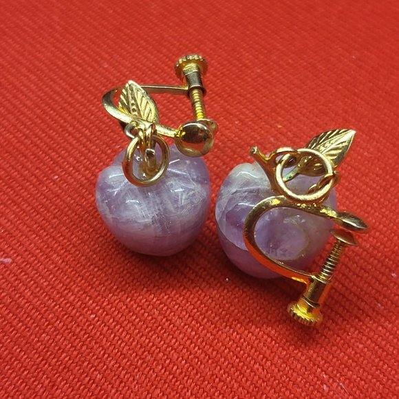 Vintage Amethyst Apple Purple Gemstone Earrings Gold Tone Adjustable Screw Earr - Picture 7 of 11